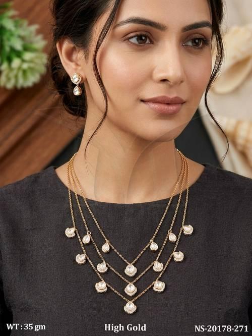 Traditional High Gold Layered Kundan Necklace Set With Earrings