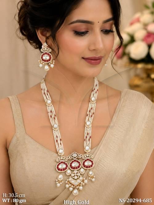 High Gold Kundan Pearl Long Necklace Set with Earrings
