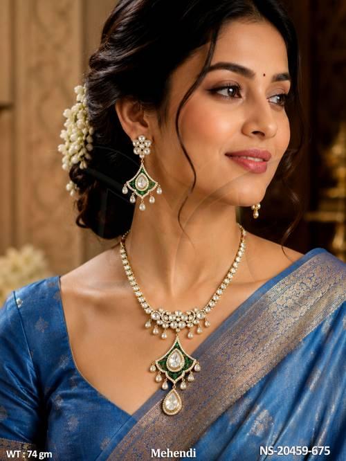 Traditional Mehandi Kundan Necklace Set With Earrings