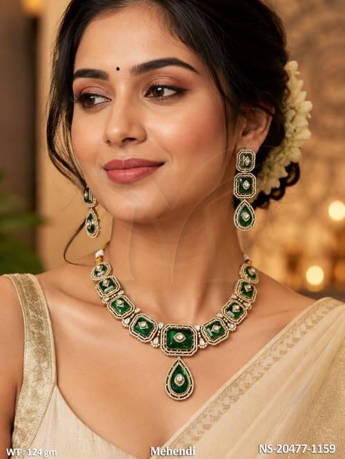 Designer Mehandi Green Stone Necklace With Earrings