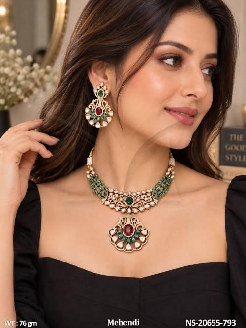 Fancy Designer Kundan Mehendi Necklace with Earrings