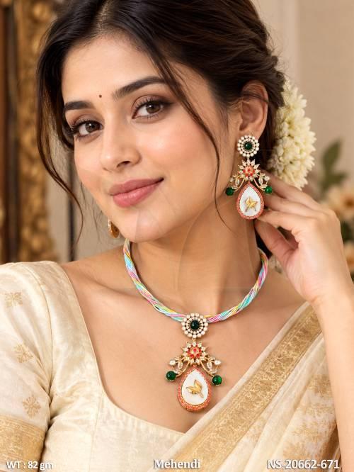 Traditional Kundan Mehendi Polish Party Wear Necklace Set