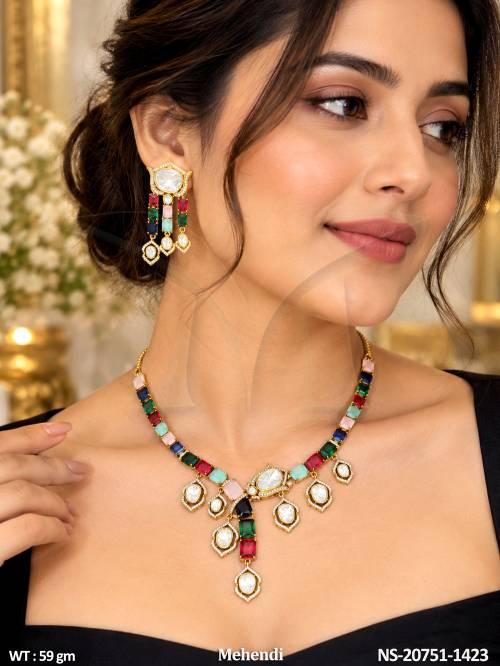 Kundan Full stone  Mehendi Polish Necklace Set with Earrings