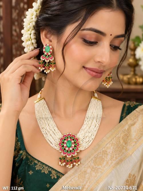 Mehendi Polish Kundan Pearl Necklace Set