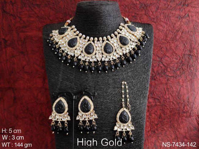 designer fancy stylish high gold polish clustered pearl full stones kundan jewelry choker style necklace set