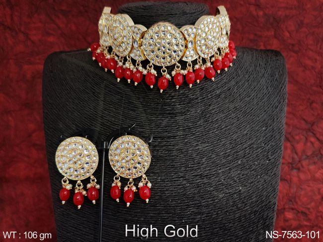 designer kundan jewelry full white stone clustered pearl high gold polish party choker necklace set