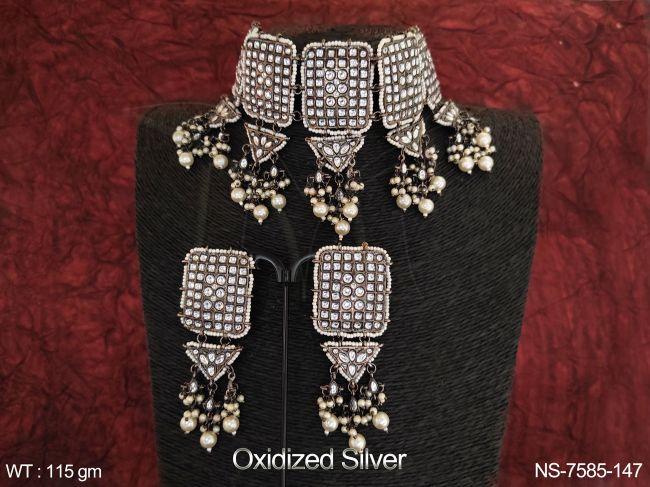 beautiful oxidized silver polish fancy style full kundan white stones clustered pearl party wear choker necklace set