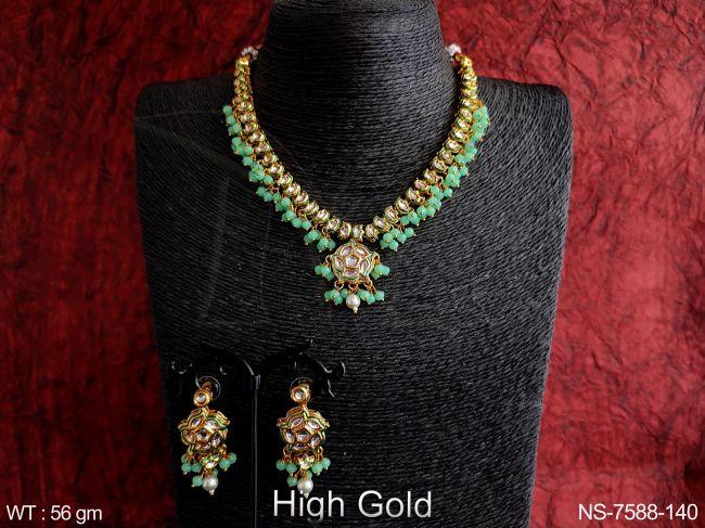 Antique Designer Fancy Style Full white Kundan Stones Clustered Pearl Tassels High Gold Polish Party wear Necklace Set