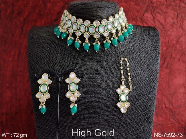 beautiful kundan jewelry full white stones clustered pearl high gold polish party wear choker necklace set with maang tikka