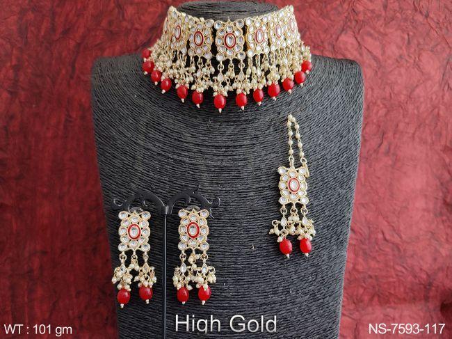 kundan jewelry fancy designer full white stones beautiful high gold polish fancy party wear necklace set with maang tikka