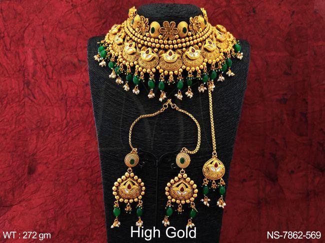 Designer Full Stones Kundan Jewelry  Beautiful High Gold Polish Fancy Style Party wear Choker Necklace Set with Maang Tikka