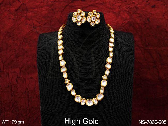 fancy style designer high gold polish full kundan white stones party wear long necklace set