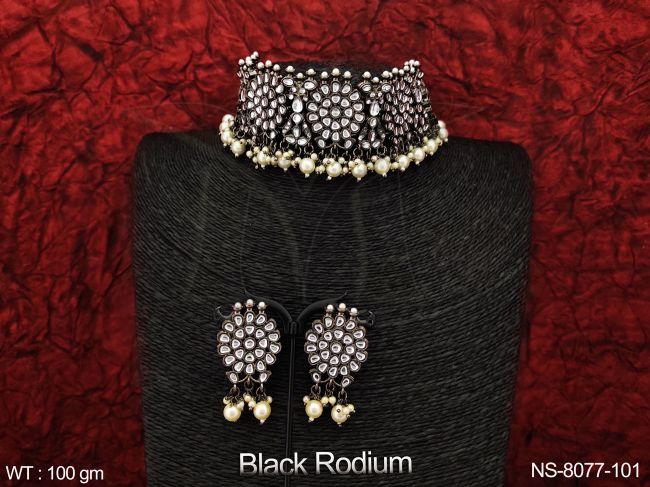 Designer Black Rodium Polish full Kundan White stones Clustered Pearl Fancy Style Kundan Jewelry Choker Necklace Set