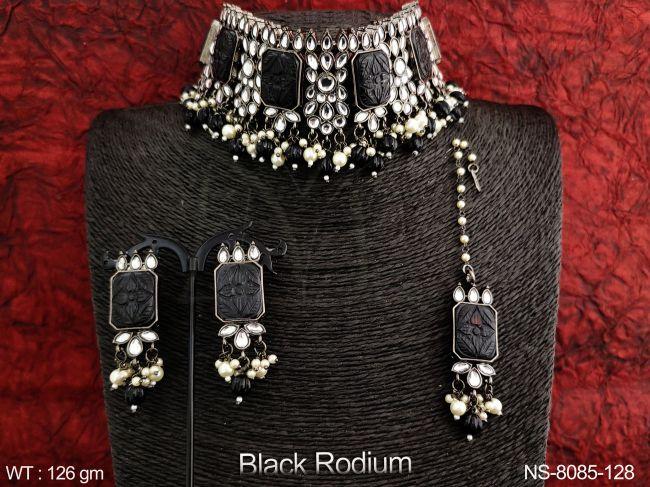 Black Rodium Polish Clustered Pearl Tassels Beautiful Kundan Jewelry full white Stones Party wear Necklace Set