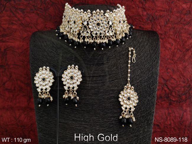 High Gold Polish Designer Fancy Style Kundan Jewelry full white stones Party wear Choker Necklace Set