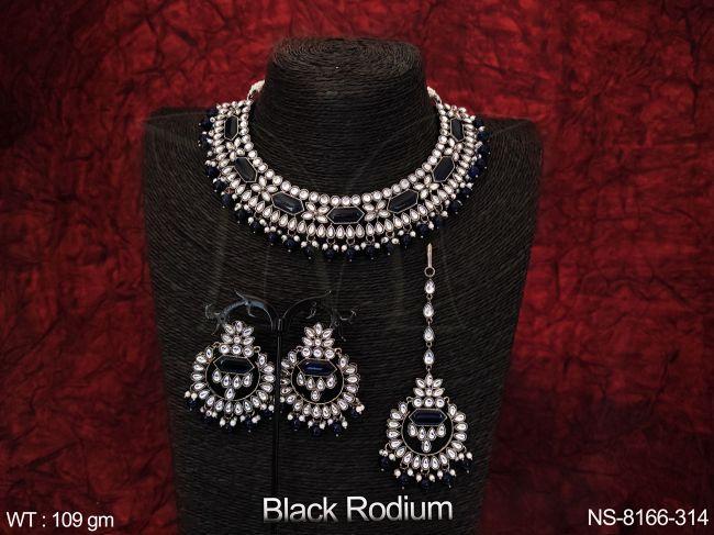Black Rodium Polish Clustered Pearl Tassels Beautiful Kundan Jewelry full white Stones Necklace Set