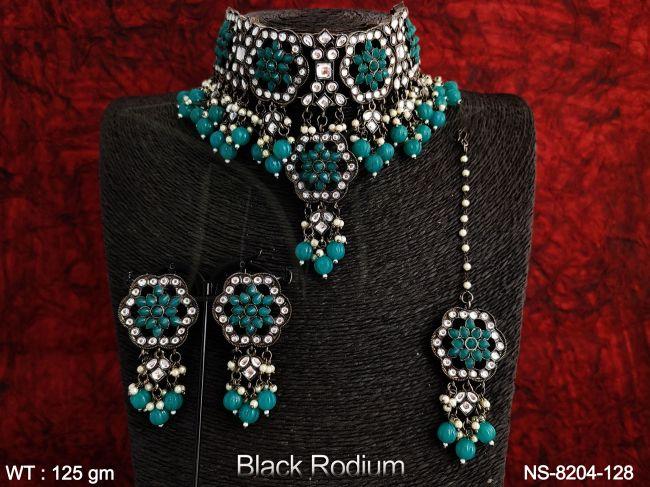 Beautiful Black Rodium Clustered Pearl full Kundan White Stones Designer Party wear Kundn Necklace Set