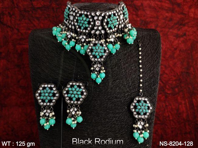Beautiful Black Rodium Clustered Pearl full Kundan White Stones Designer Party wear Kundn Necklace Set — NS-8204-128