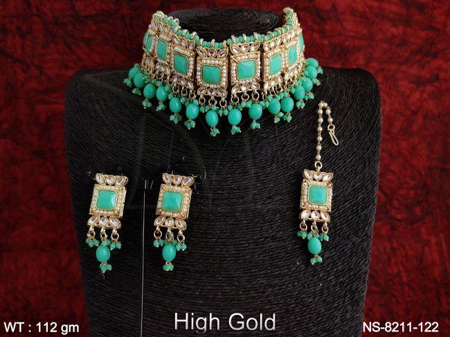 Beautiful Kundan Jewelry full Kundan white Stones High Gold Polish Clustered Pearl Party wear Necklace Set — NS-8211-122