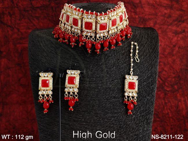 Beautiful Kundan Jewelry full Kundan white Stones High Gold Polish Clustered Pearl Party wear Necklace Set — NS-8211-122