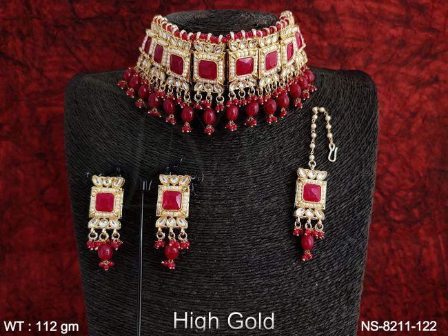 Beautiful Kundan Jewelry full Kundan white Stones High Gold Polish Clustered Pearl Party wear Necklace Set — NS-8211-122