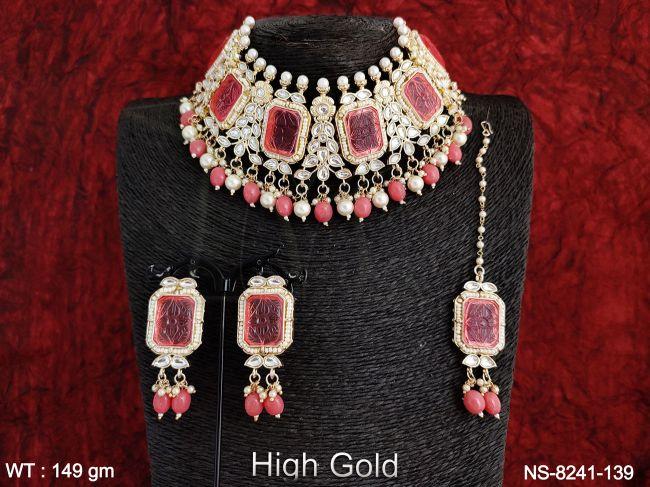 Beautiful Kundan Jewelry full Kundan Stones Clustered Pearl High Gold Polish Party wear Designer Necklace Set with Maang Tikka — NS-8241-139