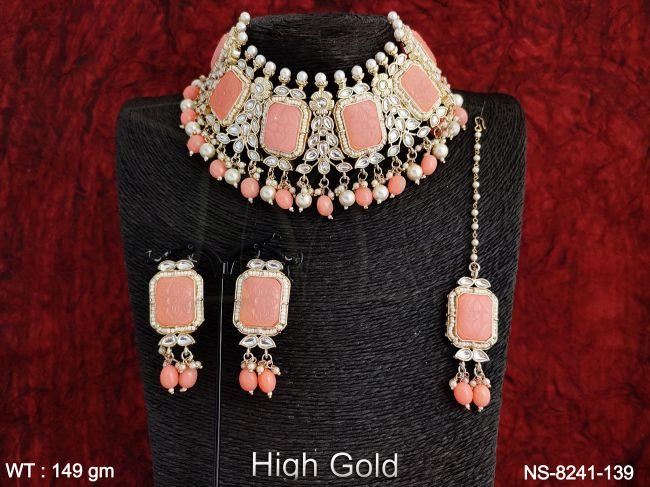 Beautiful Kundan Jewelry full Kundan Stones Clustered Pearl High Gold Polish Party wear Designer Necklace Set with Maang Tikka — NS-8241-139