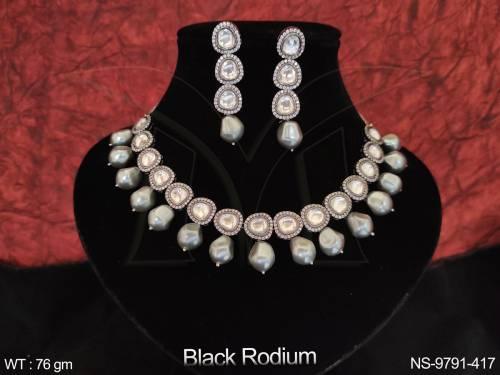 Beautiful Full Kundan Stones Party wear Black Rodium Polish Kundan Necklace Set 