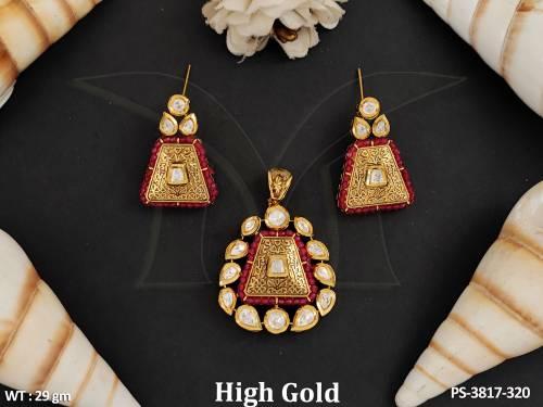 Kundan Jewellery Fancy Design High Gold Polish Full Stone Pendant Set 