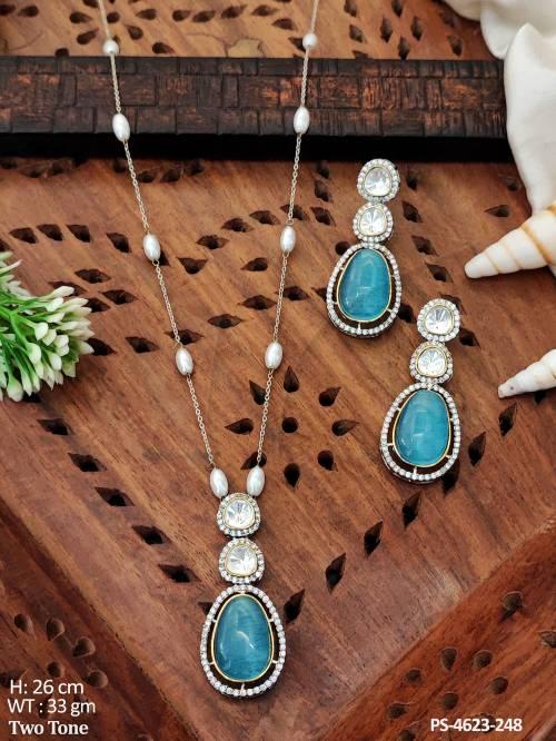 Designer Kundan Two Tone Polish Full Stone Pendant Set    