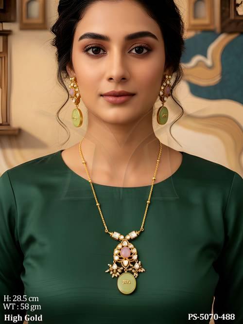 Traditional Kundan Pendant Necklace Set High Gold Pastel Stone Pendant Set