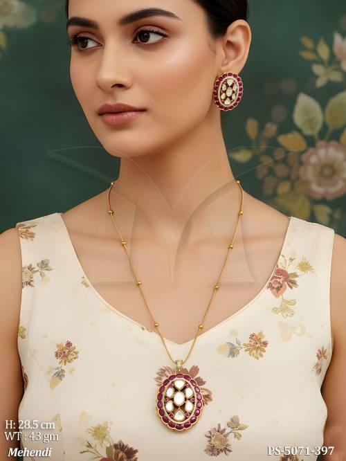 Fancy Designer Pendant with Earrings Mehendi Finish Kundan Pendant Set