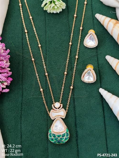 Designer Rose Rodium Polish Full Stone Party Wear Pendant Set   