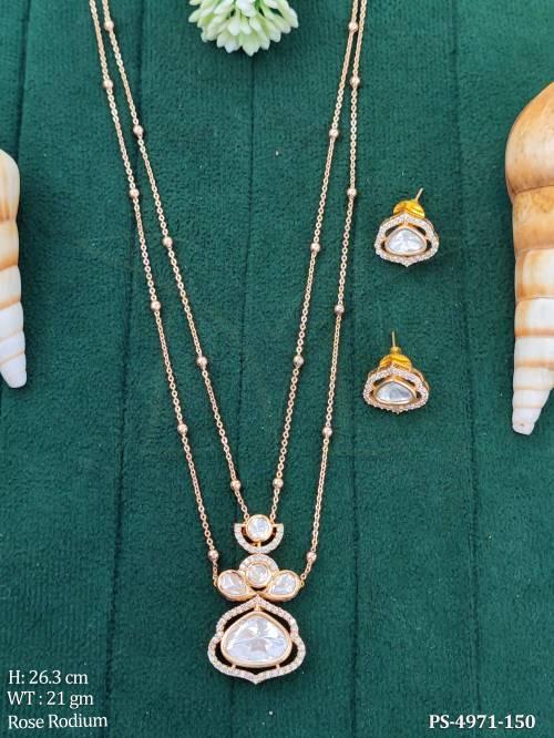 Rose Rodium Kundan Double Layer Pendant Set with Earrings