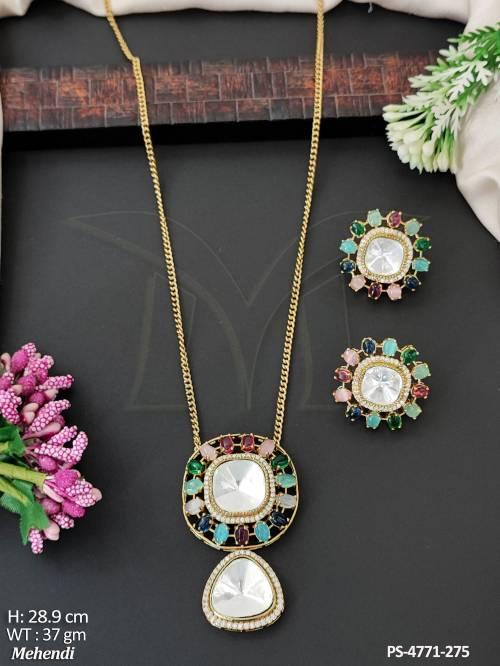 Beautiful Mehendi Polish Full Stone Party Wear Pendant Set