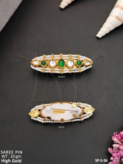 Elegant High Gold Saree Pin  Pearl  Stone  Design  