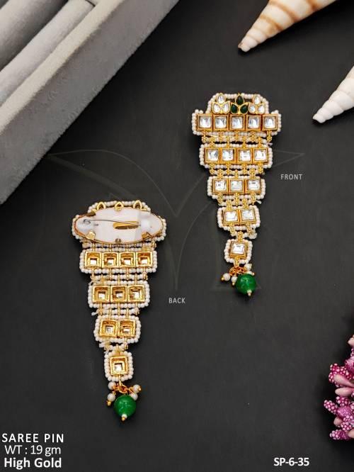 High Gold Kundan Saree Pin with Green Drop Bead  