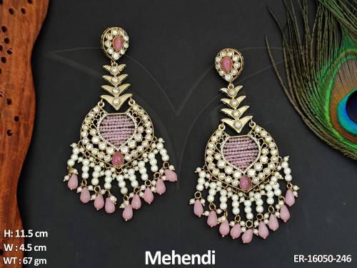 kundan-jewellery-mehendi-polish-fancy-clustered-pearl-party-wear-earrings-