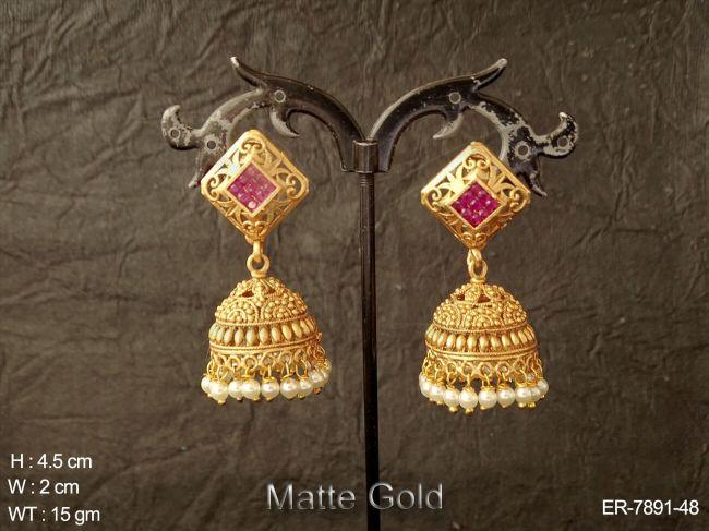 Fancy ruby green emboss matta gold antique jhumka earring