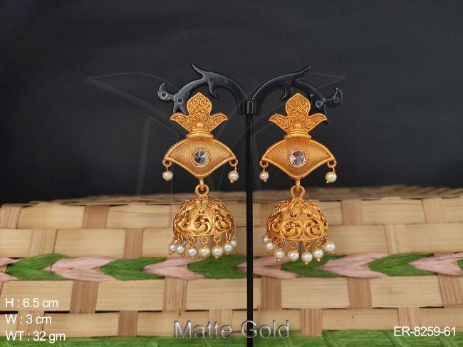 flower design matte gold polished jhumka kemp earring