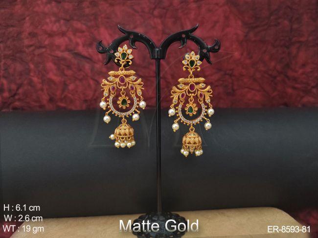 beautiful kemp jewelry matte gold polish  fancy designer party wear stylish jhumka earring