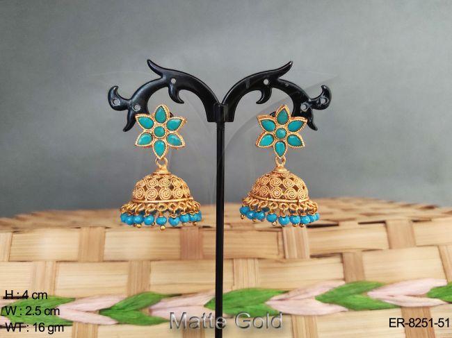matte gold flower shape kemp jhumka earring