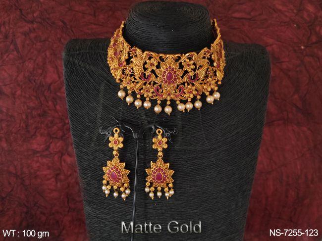 designer matte gold polish kemp jewelry heavy party wear choker necklace set