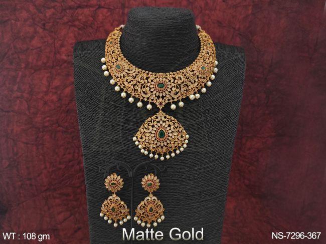 Beautiful Designer Matte gold Polish Fancy Design Party wear Heavy Choker Necklace Set