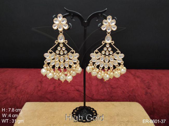 Beautiful Stylish Designer Fancy High Gold Polish Party wear Full white Stones Kundan Long Earrings — ER-8601-37