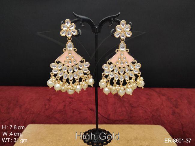 beautiful stylish designer fancy high gold polish party wear full white stones kundan long earrings