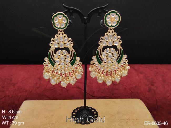Beautiful Designer High Gold Polish Clustered Pearl Fancy Chand Bali Style Long Earrings — ER-8603-46