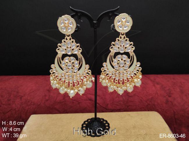 Beautiful Designer High Gold Polish Clustered Pearl Fancy Chand Bali Style Long Earrings — ER-8603-46