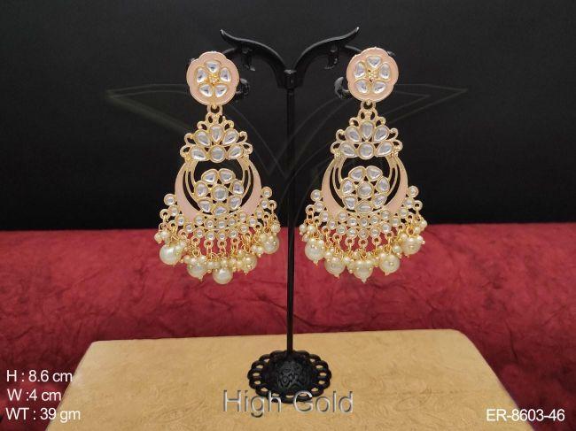 Beautiful Designer High Gold Polish Clustered Pearl Fancy Chand Bali Style Long Earrings — ER-8603-46