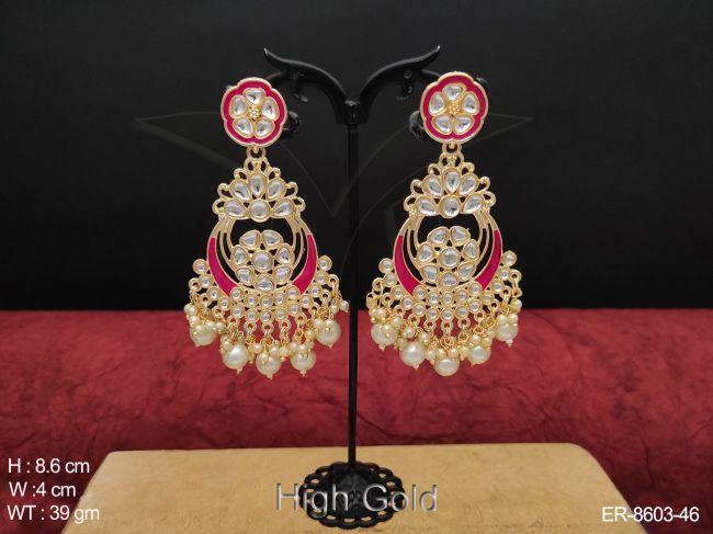 Beautiful Designer High Gold Polish Clustered Pearl Fancy Chand Bali Style Long Earrings — ER-8603-46